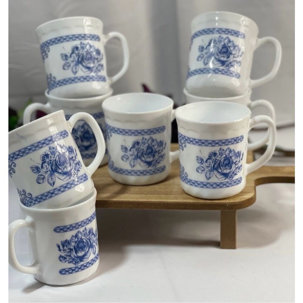 Vintage Arcopal France Honorine Blue Floral Milk Glass Mugs Set